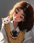  1girl animal animal_on_shoulder brown_hair cat freckles highres jewelry long_sleeves looking_at_animal necklace sam_yang smile solo white_cat 