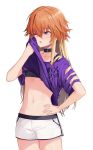  1girl black_bra blonde_hair bra breasts choker cowboy_shot hand_on_hip hand_up highres idolmaster idolmaster_cinderella_girls long_hair looking_away midriff multicolored_hair navel ninomiya_asuka one_eye_closed orange_hair parted_lips purple_eyes purple_shirt shirt shirt_lift short_shorts short_sleeves shorts simple_background small_breasts solo soya_(torga) standing stomach sweat torn_clothes torn_shirt two-tone_hair underwear white_background white_shorts 