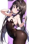  1girl akemi_homura animal_ears black_hair black_leotard black_pantyhose bow bowtie breasts commentary_request covered_navel cowboy_shot detached_collar highres leotard long_hair looking_at_viewer mahou_shoujo_madoka_magica nagare_(flow) pantyhose playboy_bunny purple_eyes rabbit_ears rabbit_tail small_breasts solo strapless strapless_leotard tail wrist_cuffs 