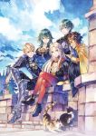  2girls 3boys armor blonde_hair blue_cape blue_eyes blue_hair blue_sky brown_hair byleth_(fire_emblem) byleth_(fire_emblem)_(female) byleth_(fire_emblem)_(male) cape cat claude_von_riegan closed_mouth cloud dark_skin dark_skinned_male day dimitri_alexandre_blaiddyd earrings edelgard_von_hresvelg fire_emblem fire_emblem:_three_houses from_side garreg_mach_monastery_uniform hair_ribbon high_heels jewelry long_hair long_sleeves multiple_boys multiple_girls open_mouth outdoors parted_lips purple_eyes red_cape red_legwear ribbon short_hair sitting sky twitter_username uniform white_hair xin_(24914) yellow_cape 