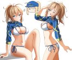 &gt;_o 1girl ;) ;d absurdres arm_support artoria_pendragon_(all) ass bangs baseball_cap bikini blonde_hair blue_eyes blue_headwear blush breasts chibi cleavage closed_mouth commentary eyebrows_visible_through_hair fate/grand_order fate_(series) feet_out_of_frame hair_between_eyes hat highres knee_up large_breasts long_hair long_sleeves moyoron multiple_views mysterious_heroine_xx_(foreigner) navel one_eye_closed open_mouth ponytail shrug_(clothing) side-tie_bikini sitting smile standing swimsuit symbol_commentary thumbs_up white_background white_bikini 