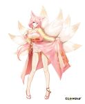  1girl absurdres alternate_hair_color animal_ear_fluff animal_ears ankle_bell blue_eyes breasts cleavage cleavage_cutout closers clothing_cutout copyright_name dress fingernails fox_ears fox_girl fox_tail full_body grin hand_up high_heels highres kitsune kyuubi large_breasts layered_dress legs_apart logo long_fingernails long_hair long_sleeves looking_at_viewer low_ponytail multiple_tails official_art overskirt pigeon-toed pink_dress pink_hair see-through see-through_sleeves skirt_hold smile solo standing tachi-e tail two-tone_dress v-shaped_eyebrows violet_(closers) wedge_heels white_background white_footwear yellow_dress yellow_sleeves yellow_tail 