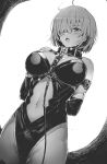 1girl arms_behind_back bangs bare_shoulders bdsm blush bondage bound breasts cleavage cleavage_cutout collar elbow_gloves fate/grand_order fate_(series) gloves greyscale hair_over_one_eye highleg highleg_leotard highres large_breasts leash leotard looking_at_viewer mash_kyrielight monochrome navel navel_cutout open_mouth short_hair sumisu_(mondo) 