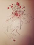  1girl ascot bow closed_eyes falling_petals flower full_body hair_ribbon highres petals red_ascot red_footwear ribbon rumia short_hair solo touhou traditional_media vest zhixie_jiaobu 