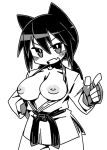  1girl animal_ears belt breasts breasts_out cannsk cat_ears commentary_request cowboy_shot dougi fingerless_gloves gloves grin hand_on_own_hip inverted_nipples karate_gi large_breasts low_twintails mma_gloves nipples original pointing smile solo twintails 