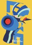  1boy aiming aiming_at_viewer arm_cannon blue_bodysuit blue_helmet bodysuit green_eyes guutara highres instagram_logo instagram_username mask mega_man_(series) mega_man_battle_network_(series) megaman.exe mouth_mask outstretched_arm signature solo spiked_hair twitter_logo twitter_username upper_body weapon yellow_background 