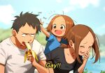  1boy 2girls ^_^ banana black_eyes black_hair black_shirt blue_shirt blue_sky closed_eyes day eating food forehead fruit hand_up highres holding holding_food holding_fruit jewelry karakai_jouzu_no_(moto)_takagi-san karakai_jouzu_no_takagi-san khyle. looking_at_another multiple_girls nishikata nishikata_chii outdoors ring shirt short_hair short_sleeves sky takagi-san white_shirt 