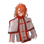  1boy closed_mouth earrings fire_emblem fire_emblem_engage gold_earrings highres jewelry looking_to_the_side merylemons orange_hair pandreo_(fire_emblem) priest red_trim robe upper_body white_robe 