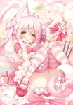  animal_ears bow breasts cream fox_ears fox_girl fox_tail green_eyes heart heart-shaped_pupils heterochromia highres magical_girl momozu_komamochi official_art oppai_loli original panties pink_bow pink_hair pink_thighhighs striped_clothes striped_thighhighs symbol-shaped_pupils tail thighhighs thighs underwear yellow_eyes 