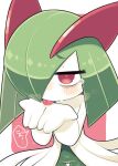  bags_under_eyes colored_skin cupping_hands green_hair hair_over_one_eye highres horns ino_(tellu0120) kirlia licking multicolored_skin own_hands_together pink_background pink_eyes pokemon pokemon_(creature) sidelocks simple_background tongue tongue_out two-tone_skin white_skin 