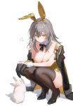  ai-generated animal_costume black_footwear dress grey_hair highres honkai:_star_rail honkai_(series) pantyhose rabbit rabbit_costume stelle_(honkai:_star_rail) trailblazer_(honkai:_star_rail) yellow_dress zishudongmao 