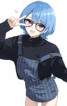  1girl :d absurdres alternate_costume black-framed_eyewear black_sweater blue_eyes blue_hair blue_overalls blush bob_cut commentary_request denim_overalls earrings glasses hair_between_eyes hand_up highres hololive hoshimachi_suisei jewelry knees_out_of_frame long_sleeves looking_at_viewer medium_hair miniskirt overall_skirt overalls simple_background skirt sleeves_past_wrists smile solo star_(symbol) star_in_eye striped_clothes striped_overalls sweater symbol_in_eye tagosaku_(tatsukiuma0329) turtleneck turtleneck_sweater v vertical-striped_clothes virtual_youtuber white_background yellow_nails 
