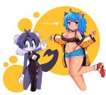  2girls animal_ears arctichasmter bikini black_dress blue_eyes blue_hair breasts china_dress chinese_clothes cleavage cleavage_cutout clothing_cutout dress floral_print furry furry_female gloves hair_bun hedgehog_ears hedgehog_girl highleg highleg_bikini highres jacket long_hair looking_at_viewer multiple_girls off-shoulder_jacket off_shoulder open_clothes open_fly open_jacket orange_jacket original otter_girl otter_tail purple_eyes purple_fur shoes short_hair short_shorts shorts simple_background sleeveless sleeveless_dress smile sneakers sonic_(series) standing swimsuit tail v white_gloves 