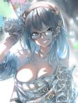  1girl bangs bare_shoulders black-framed_eyewear blurry blurry_background breasts cleavage commentary_request dappled_sunlight ear_clip glasses gloves granblue_fantasy grin hair_ornament hairband hairclip hand_up head_tilt highres holding illnott jewelry kamizuki_shiki large_breasts looking_at_viewer medium_hair necklace o-ring off_shoulder paint_gun paint_splatter short_sleeves silver_eyes silver_hair sleeves_pushed_up smile solo sunlight upper_body 