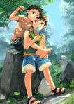  2boys barefoot black_eyes black_hair blush brown_eyes brown_hair denim denim_shorts eye_contact feet food geetgeet highres legs looking_at_another male_focus multiple_boys original popsicle sandals shorts 