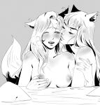  286456006 2girls ^^^ absurdres ahri_(league_of_legends) animal_ears blush breasts character_request completely_nude ear_wiggle ears_down fox_ears fox_girl fox_tail grey_background greyscale highres large_breasts league_of_legends monochrome multiple_girls nipples nude one_eye_closed open_mouth simple_background smile tail yuri 