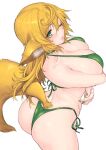  1girl ;d animal_ear_fluff animal_ears ass bikini blonde_hair blush breasts choker cleavage commentary_request cowboy_shot fox_ears fox_girl fox_tail from_above green_bikini green_choker green_eyes green_nails grin highres kaori-san_(angelo) large_breasts long_hair looking_at_viewer looking_to_the_side one_eye_closed original side-tie_bikini_bottom simple_background smile solo swimsuit tail white_background whoosaku 