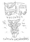 2_heads 2_horns 4_horns belly belly_markings bibi_(o-den) bra bus clothing commercial_vehicle demon english_text head_tuft heart_(marking) horn long_ears markings multi_head multi_horn neck_tuft o-den open_mouth panties pupils small_pupils succubus text tuft underwear vehicle wheels