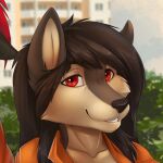 anthro bared_teeth black_hair canid canine close-up clothing colored fangs female fox grin hair headshot_portrait jumpsuit looking_at_viewer mammal portrait red_eyes smile solo teeth the_sake_ninja tril-mizzrim true_fox whiskers