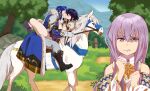  1boy 2girls :/ absurdres armor black_hair breastplate brother_and_sister closed_eyes commission commissioner_upload couple fire_emblem fire_emblem:_genealogy_of_the_holy_war hands_on_another&#039;s_face headband highres horse horseback_riding julia_(fire_emblem) kiss larcei_(fire_emblem) leg_lock long_hair looking_at_viewer multiple_girls purple_tunic reins riding rock rs40uchiha saddle seliph_(fire_emblem) short_hair shoulder_armor siblings straddling trail tree tunic upright_straddle white_headband white_horse 