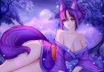  1girl absurdres animal_ear_fluff animal_ears artist_name awful_queen_(vtuber) breasts cherry_blossoms eyelashes fox_ears fox_girl fox_tail heterochromia highres indie_virtual_youtuber japanese_clothes kimono large_breasts looking_at_viewer monster_girl moon purple_tail tail tiffichka yukata 