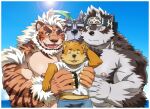  4boys ainu_clothes animal_ears artist_self-insert bara borrowed_character carrying carrying_person chest_hair commentary furry furry_male furry_with_furry grey_fur grey_hair headband hombre_tigre_(housamo) horkeu_kamui large_pectorals male_focus male_harem multiple_boys muscular muscular_male nipples nude orange_fur pectorals rossciaco scar scar_on_cheek scar_on_face short_hair size_difference smile sunlight textless_version thick_eyebrows third_eye tiger_boy tokyo_afterschool_summoners tsathoggua_(housamo) tusks two-tone_fur upper_body water white_fur white_hair wolf_boy wolf_ears yaoi yellow_eyes 
