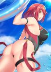  1girl arm_strap ass aster_crowley back bangs bare_shoulders blue_sky blush breasts closed_mouth earrings highleg highleg_swimsuit highres homura_(xenoblade_2) innertube jewelry large_breasts looking_at_viewer one-piece_swimsuit red_eyes red_hair sky smile swept_bangs swimsuit thighs tiara water7 xenoblade_(series) xenoblade_2 