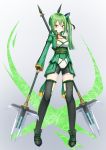  &gt;:) 1girl ankle_boots black_gloves black_legwear black_ribbon blunt_ends blush boots breasts choker cleavage collarbone commentary_request dual_wielding energy_spear fingerless_gloves full_body gloves gradient gradient_background green_eyes green_hair green_jacket green_sash gungun_(hakutou7887) hair_ornament hair_ribbon highres holding jacket legs_apart long_hair long_sleeves looking_at_viewer magical_girl original polearm ribbon rinko_(gungun) sash side_ponytail sidelocks solo sparkle spear standing tassel tight v-shaped_eyebrows weapon 