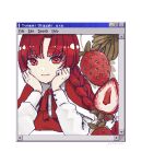  1girl capelet closed_mouth collared_shirt commentary_request food fruit hand_on_own_cheek hand_on_own_face highres long_sleeves looking_at_viewer neck_ribbon okazaki_yumemi poteimo_(poteimo622) puffy_sleeves red_capelet red_eyes red_hair red_ribbon red_vest ribbon shirt smile solo strawberry touhou touhou_(pc-98) vest white_shirt 