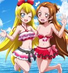  2girls :d ;d ^^^ arm_around_back barefoot bikini bikini_skirt bikini_top_pull blonde_hair blue_eyes blue_sky blush bow breasts brown_hair cloud cloudy_sky collarbone commentary_request day dokidoki!_precure flat_chest floating_hair frilled_bikini frills frown hair_bow halterneck hanzou leg_up long_hair looking_at_viewer madoka_aguri miniskirt multiple_girls navel nipples ocean one_eye_closed open_mouth outdoors partial_commentary pink_bow precure red_bikini red_bow red_eyes red_skirt regina_(dokidoki!_precure) skirt sky small_breasts smile standing standing_on_one_leg swimsuit very_long_hair wardrobe_malfunction waving 