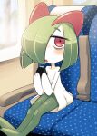  bags_under_eyes car_seat colored_skin eating food green_hair hair_over_one_eye highres holding holding_food horns ino_(tellu0120) kirlia looking_at_viewer multicolored_skin open_mouth pink_eyes pokemon pokemon_(creature) sidelocks sitting two-tone_skin white_skin window 