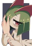  arm_grab bags_under_eyes colored_skin green_hair highres horns ino_(tellu0120) kirlia kiss kissing_hand looking_at_viewer multicolored_skin nail_polish out_of_frame pink_eyes pink_nails pokemon pokemon_(creature) sidelocks simple_background two-tone_skin white_skin 