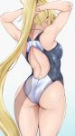  1girl alp arms_up ass black_hairband blonde_hair breasts commentary competition_swimsuit fate/grand_order fate_(series) from_behind hairband highres jeanne_d&#039;arc_(fate)_(all) jeanne_d&#039;arc_(swimsuit_archer) long_hair medium_breasts one-piece_swimsuit ponytail shiny shiny_hair shiny_skin solo standing swimsuit very_long_hair wet white_swimsuit 