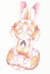  1girl :3 absurdres animal_ears black_bow black_bowtie blush bow bowtie brown_bow brown_dress brown_hair closed_eyes collared_shirt domestic_rabbit_(kemono_friends) dress frilled_dress frilled_sleeves frills hair_between_eyes hair_bow hands_on_own_knees highres japari_symbol kemono_friends light_brown_hair long_sleeves mtsu84 multicolored_hair pantyhose puffy_sleeves rabbit_ears rabbit_girl seiza shirt sidelocks sitting solo two-tone_dress two-tone_hair white_bow white_dress white_pantyhose white_shirt 
