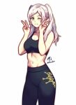  black_sports_bra braid brown_eyes collarbone fire_emblem fire_emblem_awakening highres long_hair midriff navel one_eye_closed pants robin_(female)_(fire_emblem) robin_(fire_emblem) rotomdocs sports_bra sportswear stomach twintails v white_hair yoga_pants 