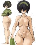  1girl aged_up ass avatar:_the_last_airbender avatar_legends bikini black_bikini black_hair breasts collarbone commentary cropped_hoodie curvy english_commentary from_behind full_body green_hairband green_hoodie grin hair_over_eyes hairband highres holding holding_towel hood hoodie kneepits large_breasts looking_at_viewer multiple_views navel rakeemspoon short_hair simple_background slingshot_swimsuit smile standing stomach swimsuit thighs toph_bei_fong towel white_background wide_hips 