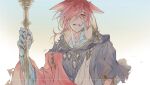  1boy braid cloak crystal_exarch final_fantasy final_fantasy_xiv g&#039;raha_tia hand_up holding holding_scepter hood hooded_cloak looking_at_viewer male_focus material_growth miqo&#039;te parted_lips red_eyes red_hair scepter solo tears tladpwl03 upper_body 