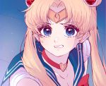  1girl bishoujo_senshi_sailor_moon blonde_hair blue_sailor_collar breasts choker cleavage collarbone crescent crescent_earrings derivative_work diadem double_bun earrings eyebrows_visible_through_hair heart heart_choker highres jewelry long_hair okubatomaeba red_choker sailor_collar sailor_moon sailor_moon_redraw_challenge sailor_senshi sailor_senshi_uniform screencap_redraw solo star star-shaped_pupils symbol-shaped_pupils tsukino_usagi twintails upper_body 