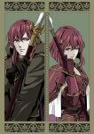  1boy 1girl armor black_gloves breastplate brother_and_sister closed_mouth elbow_gloves fire_emblem fire_emblem:_shadow_dragon_and_the_blade_of_light gloves hair_between_eyes headband highres holding holding_polearm holding_weapon michalis_(fire_emblem) minerva_(fire_emblem) polearm red_eyes red_gloves red_hair shoulder_armor siblings upper_body weapon yori_ilrosso 