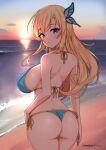  1girl arm_at_side ass back beach bikini blonde_hair blue_bikini blue_eyes blue_nails blush boku_wa_tomodachi_ga_sukunai breasts butterfly_hair_ornament cowboy_shot evening from_behind gold_trim grin hair_ornament halterneck hand_on_own_hip kashiwazaki_sena large_breasts long_hair looking_at_viewer ocean shoulder_blades side-tie_bikini_bottom sideboob smile solo strap_gap string_bikini swimsuit thong_bikini virus-g water 