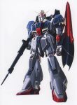  1980s_(style) beam_rifle concept_art energy_gun gundam highres looking_at_viewer mecha mobile_suit no_humans official_art ookawara_kunio painting_(medium) production_art retro_artstyle robot scan science_fiction shield traditional_media v-fin weapon white_background zeta_gundam zeta_gundam_(mobile_suit) 