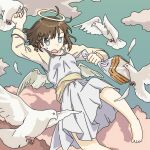  1girl absurdres angel angel_wings bird blue_eyes bread brown_hair cloud dove dress ennui_orz flying food halo highres open_mouth original shadow shirt white_dress wings yellow_shirt 