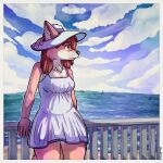 absurd_res anthro beach biped canid canine canis clothed clothing cloud digital_media_(artwork) dress female fox fur hair hat headgear headwear hi_res mammal outside sea seaside simple_background sky solo standing sun_hat sundress topwear ultranidd water white_body white_fur wide_brim_hat