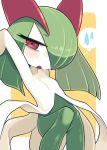  arms_up bags_under_eyes colored_skin green_hair hair_over_one_eye highres horns ino_(tellu0120) kirlia looking_at_viewer multicolored_skin open_mouth pink_eyes pokemon pokemon_(creature) sidelocks simple_background sweat two-tone_skin white_skin yellow_background 