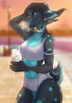  2019 5_fingers anthro beverage black_body black_fur black_hair black_sclera blue_body blue_eyes blue_fur blurred_background breasts clothed clothing felid feline female fingers fur hair hand_behind_head hi_res israa_(chikachi) looking_at_viewer lunar_markings lynx mammal nipple_outline noodlerain outside portrait solo spots spotted_body spotted_fur three-quarter_portrait 