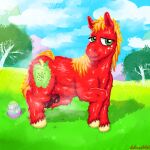 absurd_res animal_genitalia big_macintosh_(mlp) blonde_hair bodily_fluids cloud cutie_mark easter easter_egg embarrassed equid equine feral field fields flaccid friendship_is_magic fully_sheathed fur genital_fluids genitals grass grass_field green_eyes hair hasbro hi_res holidays hooves horse lolscarletxi looking_away male mammal mountain muscular musk my_little_pony penis plant pony precum red_body red_fur shadow sheath shy sky skyscape solo sunny sweat tree