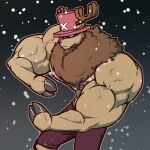  1boy antlers bara brown_fur cowboy_shot croiyan deer_antlers fighting_stance furry furry_male horns large_pectorals male_focus muscular muscular_male neck_fur nipples one_piece pectorals reindeer_boy serious shaded_face shorts snowing solo thick_arms tony_tony_chopper topless_male veins veiny_arms 