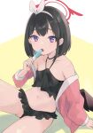  1girl bikini bikini_under_clothes black_bikini black_choker black_hair black_wings blue_archive blush choker collarbone commentary feathered_wings food frilled_bikini frills gucchiann hair_ribbon hairband halo halterneck highres holding holding_food jacket long_sleeves looking_at_viewer mashiro_(blue_archive) mashiro_(swimsuit)_(blue_archive) navel off_shoulder open_clothes open_jacket pink_jacket popsicle puffy_long_sleeves puffy_sleeves purple_eyes ribbon sitting sleeves_past_wrists solo swimsuit tongue tongue_out two-tone_background white_background white_hairband white_ribbon wings yellow_background 