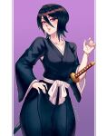  1girl artist_name black_hair bleach breasts hair_between_eyes hand_on_own_hip highres japanese_clothes katana kuchiki_rukia looking_at_viewer luchidart open_mouth purple_background purple_eyes sheath sheathed shihakusho shinigami short_hair small_breasts solo sword two-tone_background weapon white_background zanpakutou 