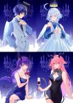  1boy 3girls animal_ears black_dress black_necktie blue_dress blue_eyes blue_hair blue_shirt blue_sleeves braid breasts closed_mouth crown cup dress flower fox_ears furina_(genshin_impact) genshin_impact glass hair_between_eyes hair_ornament halo heterochromia highres holding holding_cup horns jewelry long_hair long_sleeves looking_at_viewer medium_breasts mole mole_under_eye multicolored_hair multiple_girls necklace necktie pink_hair puffy_sleeves purple_eyes purple_hair raiden_shogun red_flower red_rose rose scaramouche_(genshin_impact) shirt short_hair smile vest white_dress white_hair white_vest xnoahru yae_miko 